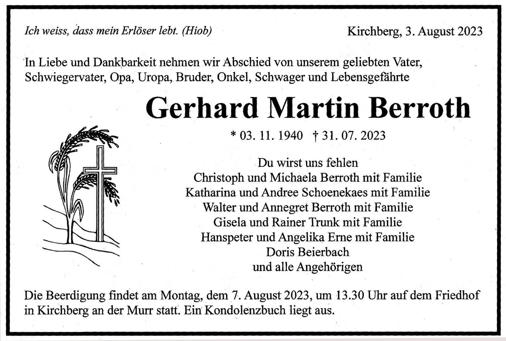 Todesanzeige G Berroth